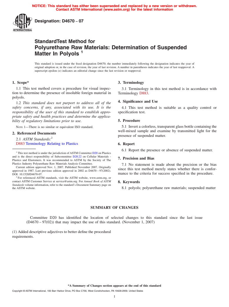 ASTM D4670-07 - Standard Test Method for Polyurethane Raw Materials  Determination of Suspended Matter In Polyols