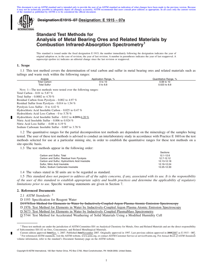 REDLINE ASTM E1915-07a - Standard Test Methods for Analysis of Metal Bearing Ores and Related Materials by Combustion Infrared-Absorption Spectrometry