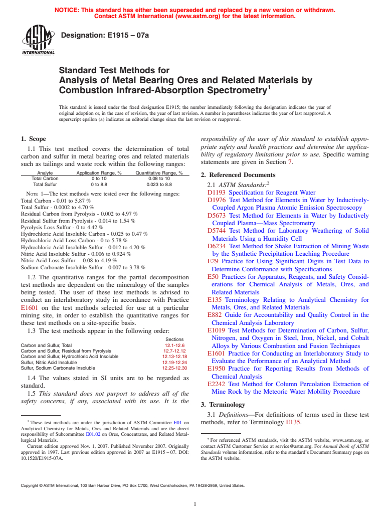 ASTM E1915-07a - Standard Test Methods for Analysis of Metal Bearing Ores and Related Materials by Combustion Infrared-Absorption Spectrometry