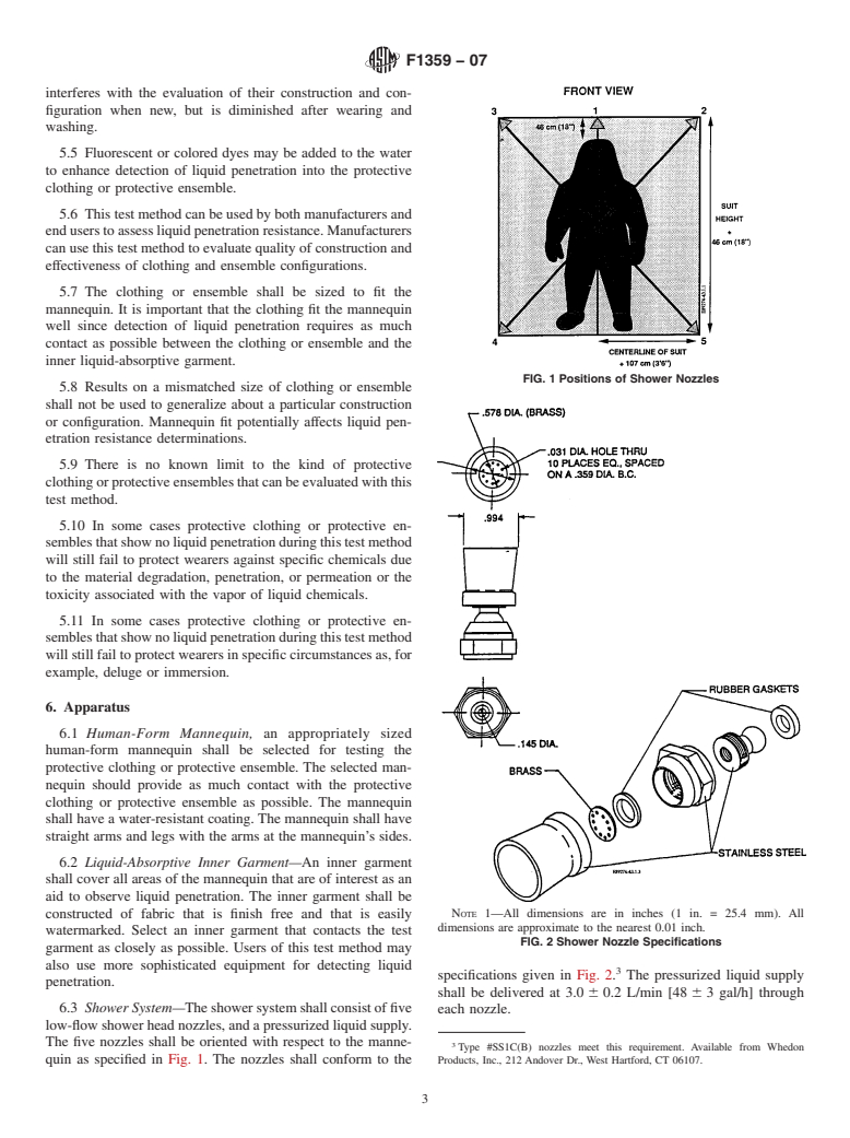 ASTM F1359-07 - Standard Test Method for Liquid Penetration Resistance of Protective Clothing or Protective Ensembles Under a Shower Spray While on a Mannequin