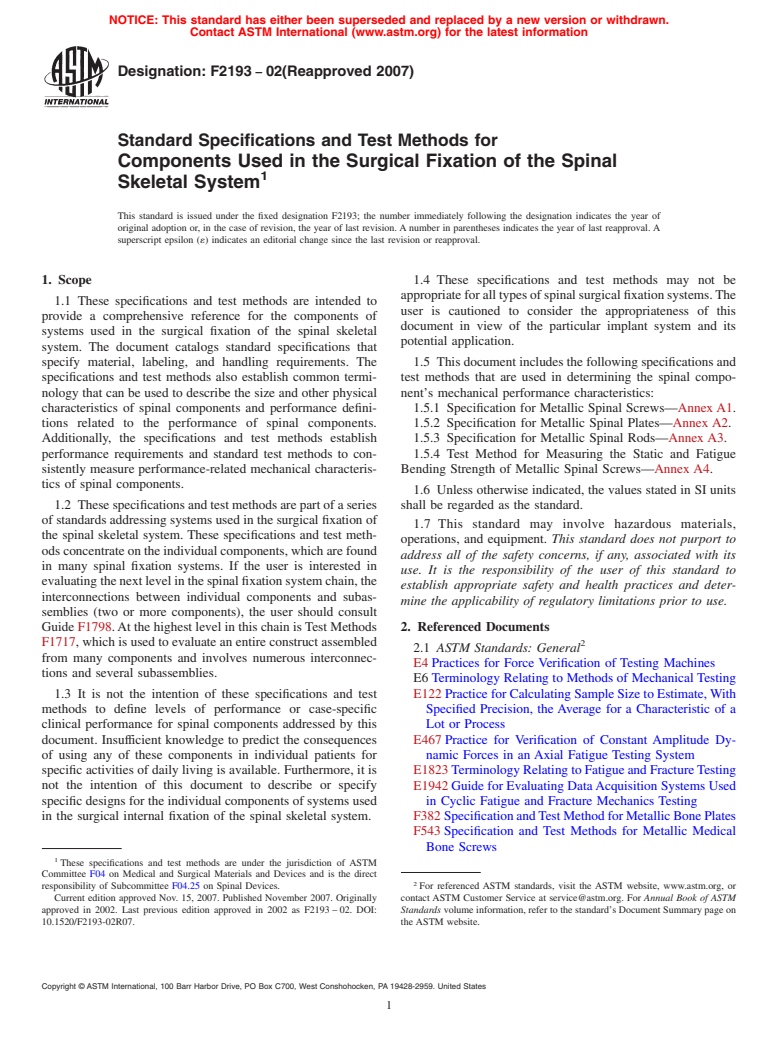 ASTM F2193-02(2007) - Standard Specifications and Test Methods for Components Used in the Surgical Fixation of the Spinal Skeletal System