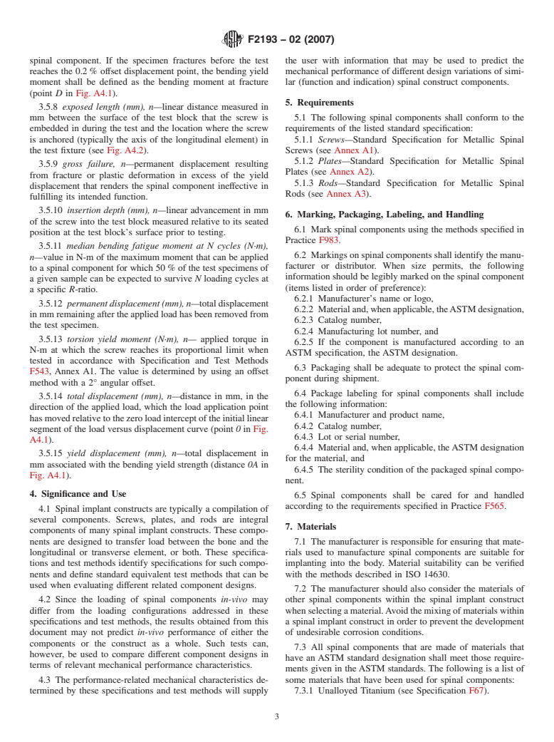 ASTM F2193-02(2007) - Standard Specifications and Test Methods for Components Used in the Surgical Fixation of the Spinal Skeletal System