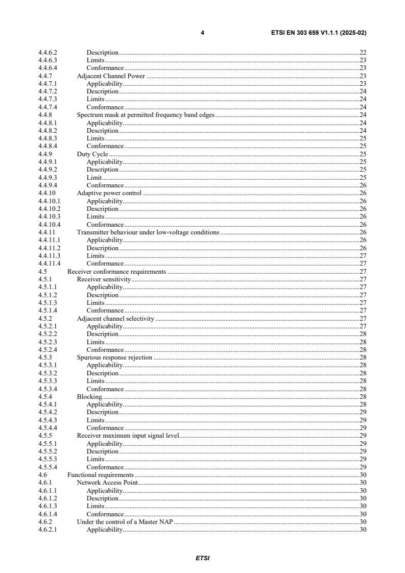 SIST EN 303 659 V1.1.1:2025 ETSI EN 303 659 V1.1.1 (2025-02) - Short Range Devices (SRD) in Data Networks; Radio equipment to be used in the frequency ranges 865 MHz to 868 MHz and 915 MHz to 919,4 MHz; Harmonised Standard for access to radio spectrum - Page 4 preview