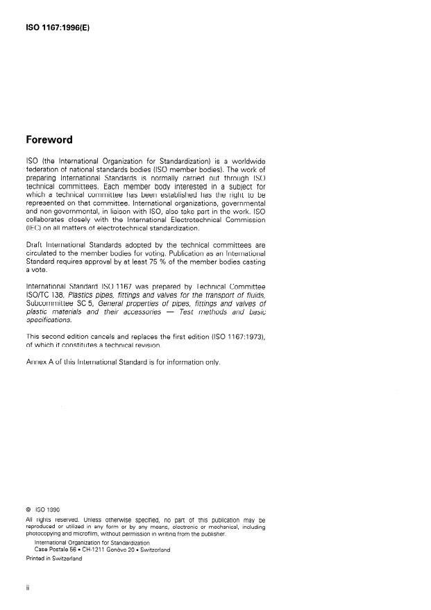 ISO 1167:1996 ISO 1167:1996 - Thermoplastics pipes for the conveyance of fluids -- Resistance to internal pressure -- Test method - Page 2 preview