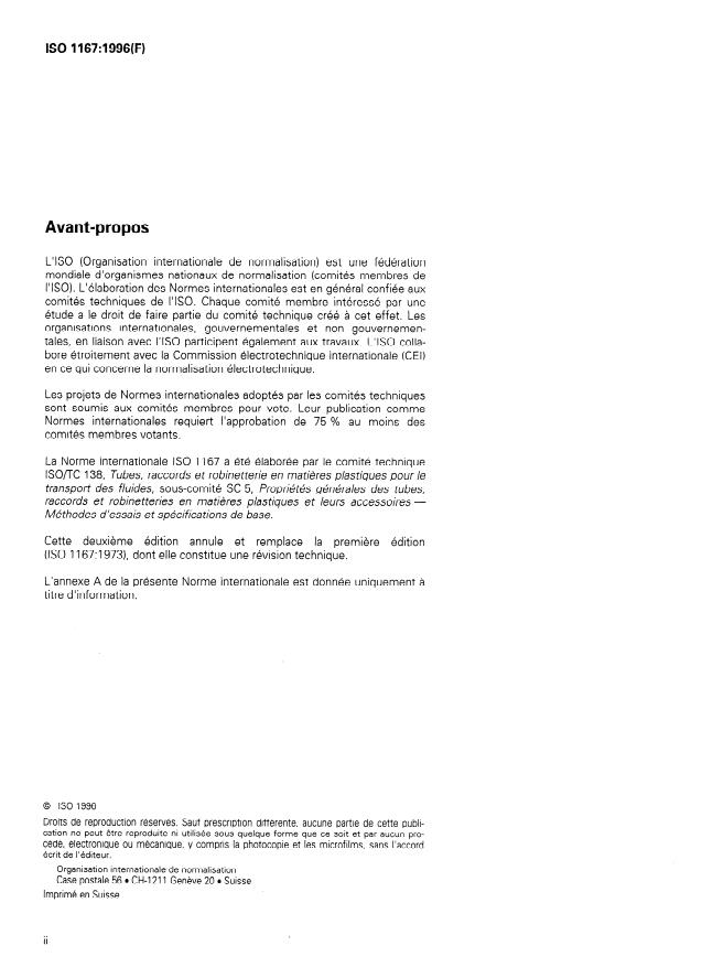 ISO 1167:1996 ISO 1167:1996 - Tubes en matieres thermoplastiques pour le transport des fluides -- Résistance a la pression interne -- Méthode d'essai - Page 2 preview