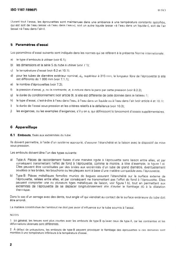 ISO 1167:1996 ISO 1167:1996 - Tubes en matieres thermoplastiques pour le transport des fluides -- Résistance a la pression interne -- Méthode d'essai - Page 4 preview