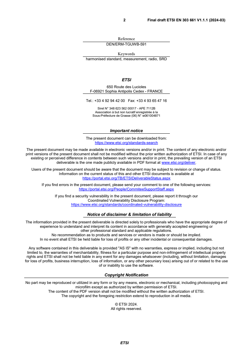 SIST EN 303 661 V1.1.1:2024 ETSI EN 303 661 V1.1.1 (2024-03) - Short Range Devices (SRD); Ground Based Synthetic Aperture Radar (GBSAR) in the frequency range 17,1 GHz to 17,3 GHz and High Definition Ground Based Synthetic Aperture Radar (HD-GBSAR) in the frequency range 76 GHz to 77 GHz; Harmonised Standard for access to radio spectrum - Page 2 preview