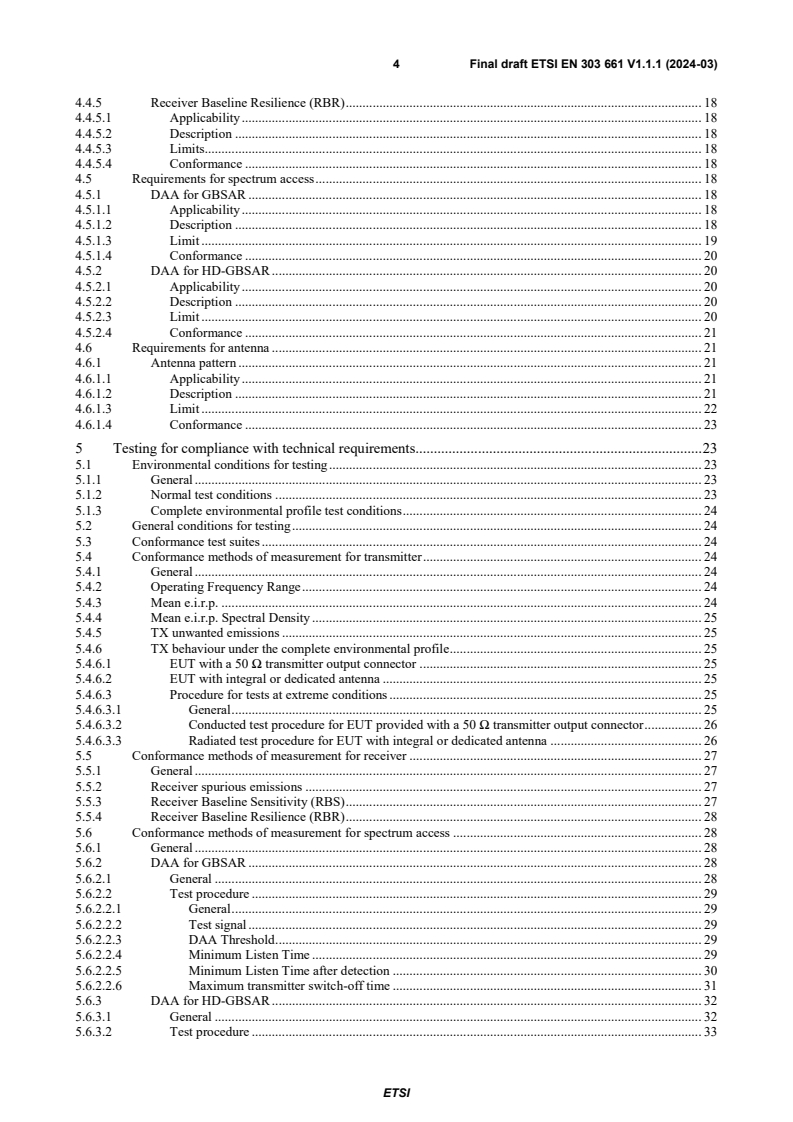 SIST EN 303 661 V1.1.1:2024 ETSI EN 303 661 V1.1.1 (2024-03) - Short Range Devices (SRD); Ground Based Synthetic Aperture Radar (GBSAR) in the frequency range 17,1 GHz to 17,3 GHz and High Definition Ground Based Synthetic Aperture Radar (HD-GBSAR) in the frequency range 76 GHz to 77 GHz; Harmonised Standard for access to radio spectrum - Page 4 preview