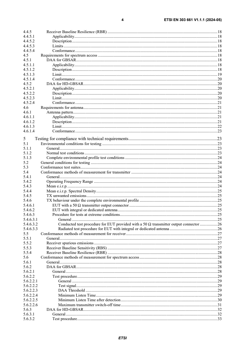 SIST EN 303 661 V1.1.1:2024 ETSI EN 303 661 V1.1.1 (2024-05) - Short Range Devices (SRD); Ground Based Synthetic Aperture Radar (GBSAR) in the frequency range 17,1 GHz to 17,3 GHz and High Definition Ground Based Synthetic Aperture Radar (HD-GBSAR) in the frequency range 76 GHz to 77 GHz; Harmonised Standard for access to radio spectrum - Page 4 preview