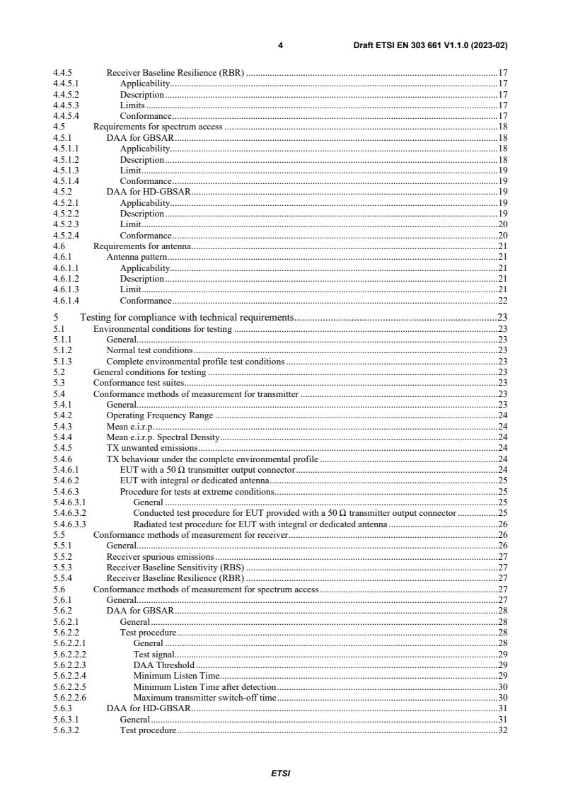SIST EN 303 661 V1.1.1:2024 ETSI EN 303 661 V1.1.0 (2023-02) - Short Range Devices (SRD); Ground Based Synthetic Aperture Radar (GBSAR) in the frequency range 17,1 GHz to 17,3 GHz and High Definition Ground Based Synthetic Aperture Radar (HD-GBSAR) in the frequency range 76 GHz to 77 GHz; Harmonised Standard for access to radio spectrum - Page 4 preview