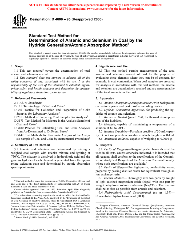 ASTM D4606-95(2000) - Standard Test Method for Determination of Arsenic and Selenium in Coal by the Hydride Generation/Atomic Absorption Method