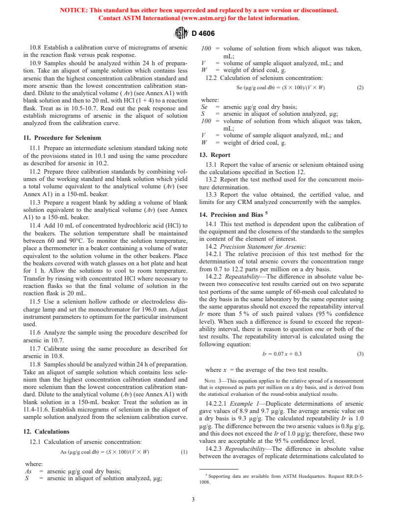 ASTM D4606-95(2000) - Standard Test Method for Determination of Arsenic and Selenium in Coal by the Hydride Generation/Atomic Absorption Method