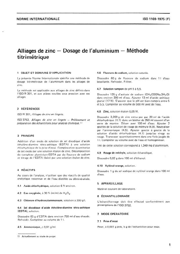 ISO 1169:1975 - Alliages de zinc -- Dosage de l'aluminium -- Méthode titrimétrique