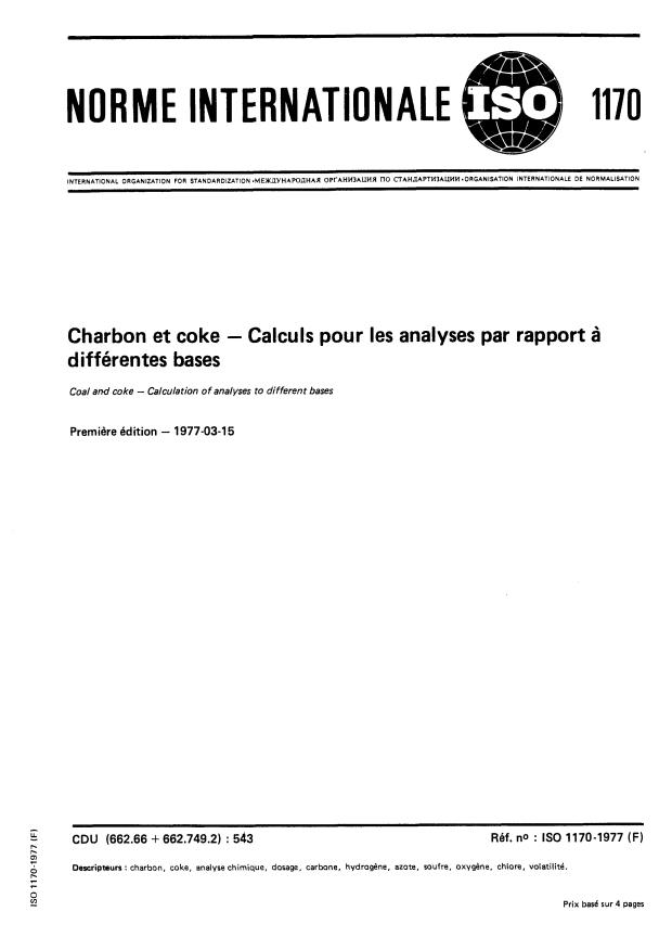 ISO 1170:1977 - Charbon et coke -- Calculs pour les analyses par rapport a différentes bases