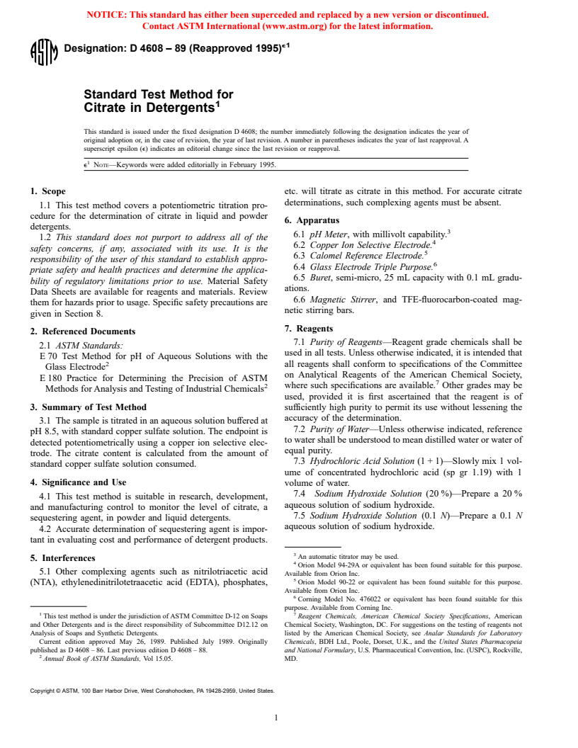 ASTM D4608-89(1995)e1 - Standard Test Method for Citrate in Detergents