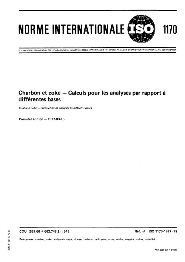 ISO 1170:1977 - Charbon et coke -- Calculs pour les analyses par rapport a différentes bases