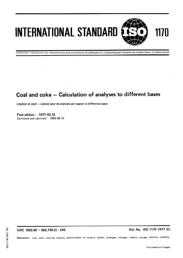 ISO 1170:1977 - Coal and coke -- Calculation of analyses to different bases