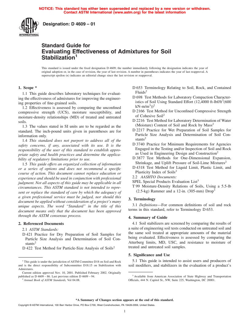 ASTM D4609-01 - Standard Guide for Evaluating Effectiveness of Chemicals for Soil Stabilization