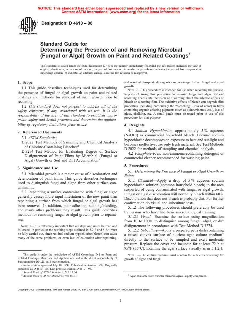 ASTM D4610-98 - Standard Guide for Determining the Presence of and Removing Microbial (Fungal or Algal) Growth on Paint and Related Coatings