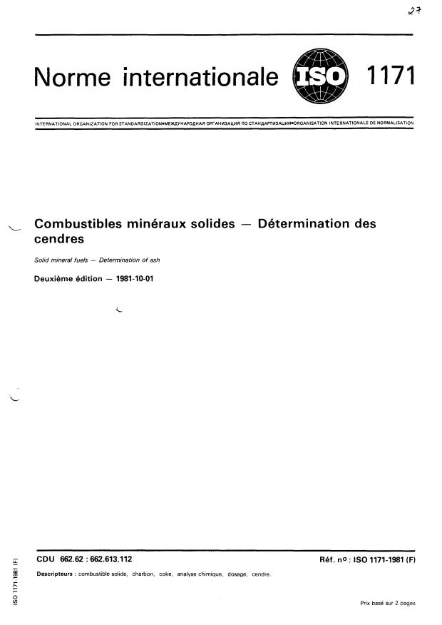 ISO 1171:1981 - Combustibles minéraux solides -- Détermination des cendres
