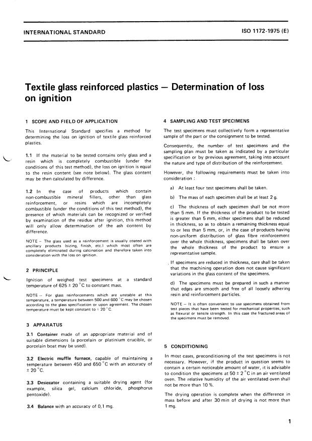ISO 1172:1975 - Textile glass reinforced plastics -- Determination of loss on ignition