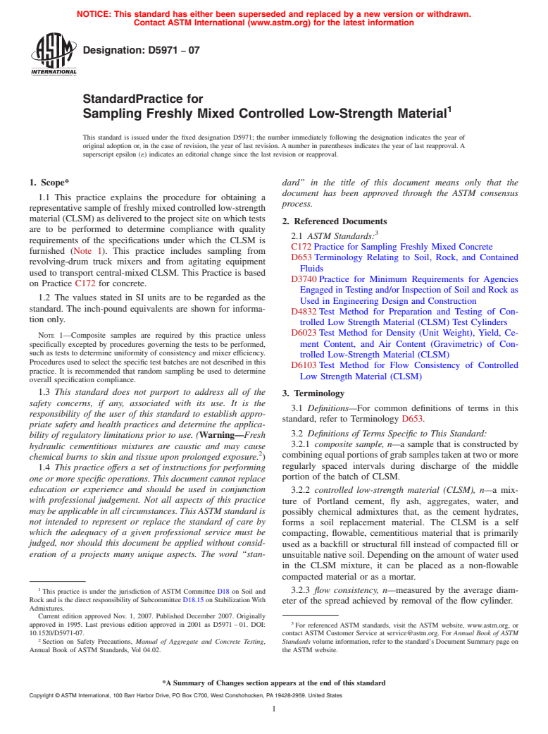 ASTM D5971-07 - Standard Practice for Sampling Freshly Mixed Controlled Low-Strength Material