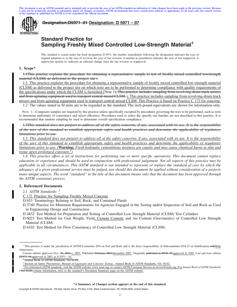 REDLINE ASTM D5971-07 - Standard Practice for Sampling Freshly Mixed Controlled Low-Strength Material