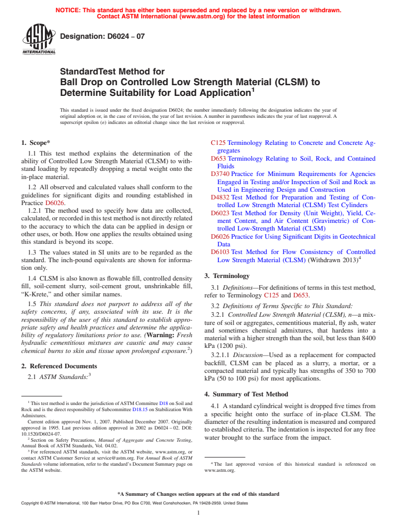 ASTM D6024-07 - Standard Test Method for Ball Drop on Controlled Low Strength Material (CLSM) to Determine Suitability for Load Application