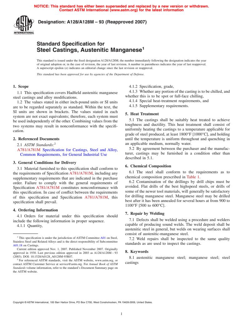 ASTM A128/A128M-93(2007) - Standard Specification for Steel Castings, Austenitic Manganese