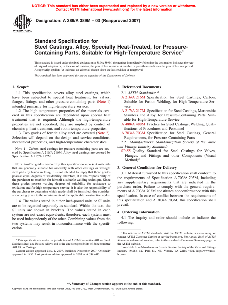 ASTM A389/A389M-03(2007) - Standard Specification for Steel Castings, Alloy, Specially Heat-Treated, for Pressure-Containing Parts, Suitable for High-Temperature Service