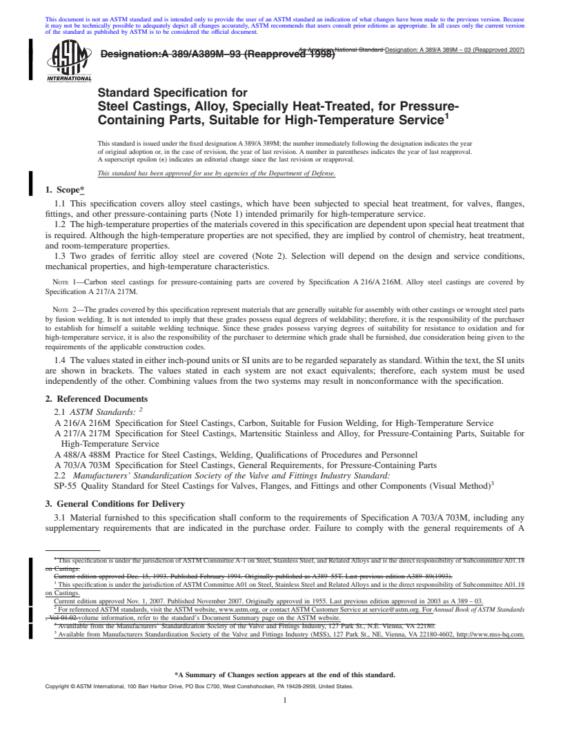 REDLINE ASTM A389/A389M-03(2007) - Standard Specification for Steel Castings, Alloy, Specially Heat-Treated, for Pressure-Containing Parts, Suitable for High-Temperature Service