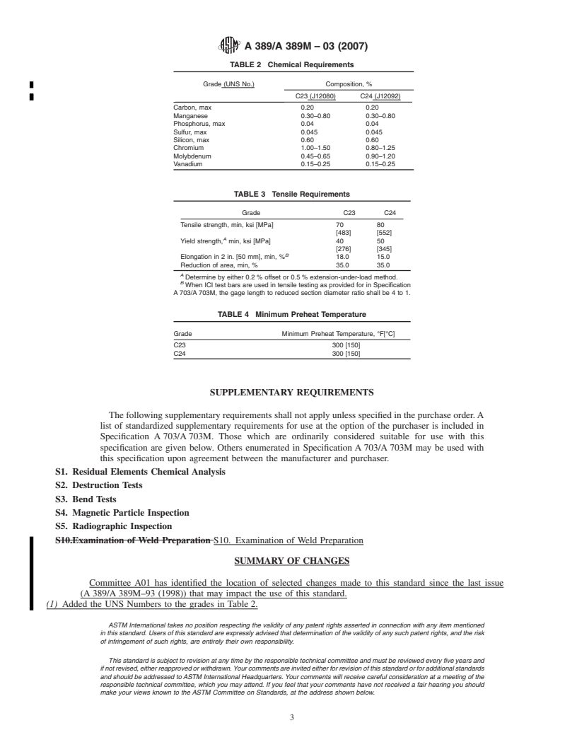 REDLINE ASTM A389/A389M-03(2007) - Standard Specification for Steel Castings, Alloy, Specially Heat-Treated, for Pressure-Containing Parts, Suitable for High-Temperature Service