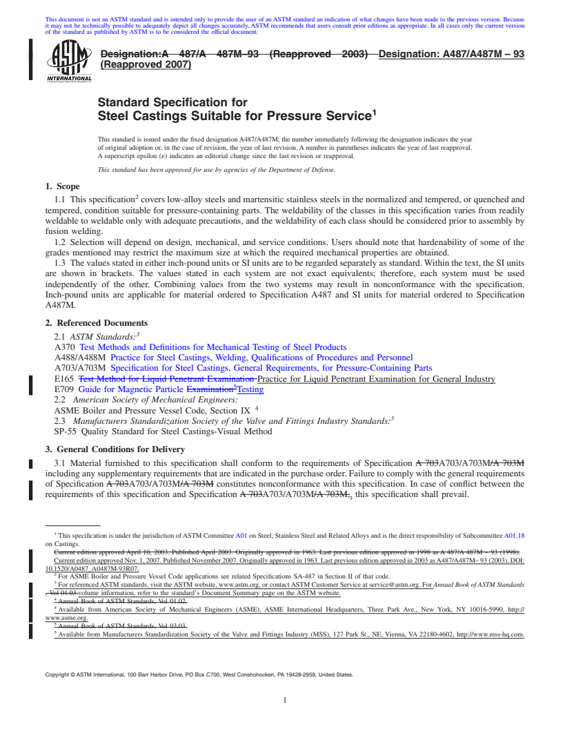 REDLINE ASTM A487/A487M-93(2007) - Standard Specification for Steel Castings Suitable for Pressure Service