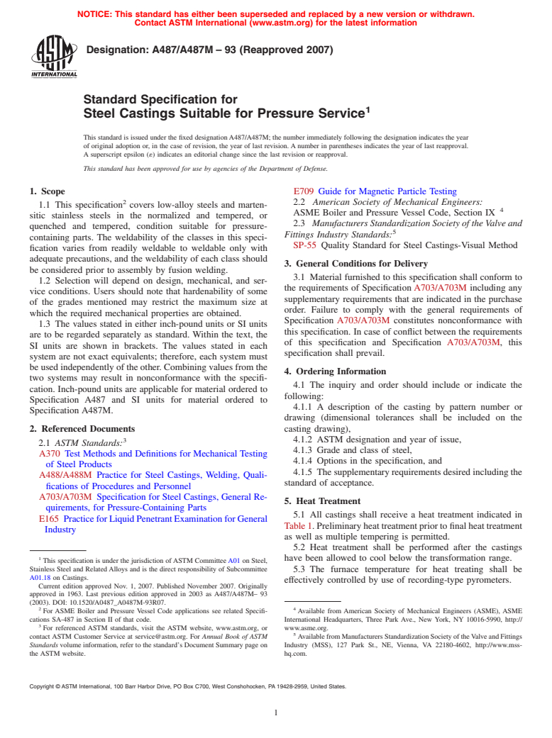 ASTM A487/A487M-93(2007) - Standard Specification for Steel Castings Suitable for Pressure Service