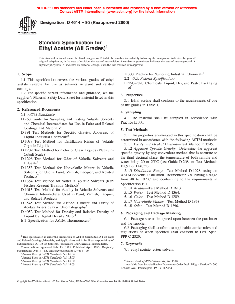 ASTM D4614-95(2000) - Standard Specification for Ethyl Acetate (All Grades)