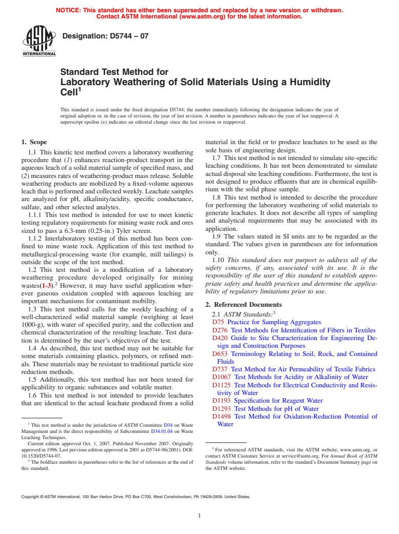 ASTM D5744-07 - Standard Test Method for Laboratory Weathering of Solid Materials Using a Humidity Cell