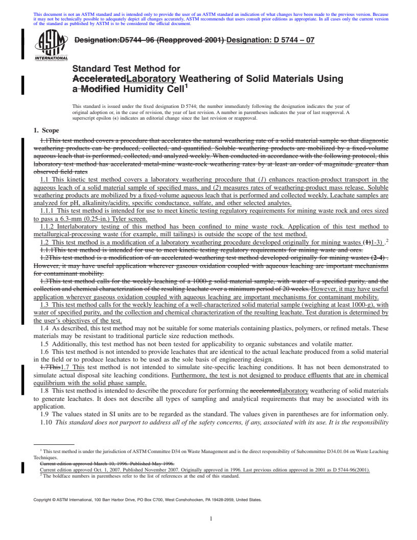 REDLINE ASTM D5744-07 - Standard Test Method for Laboratory Weathering of Solid Materials Using a Humidity Cell