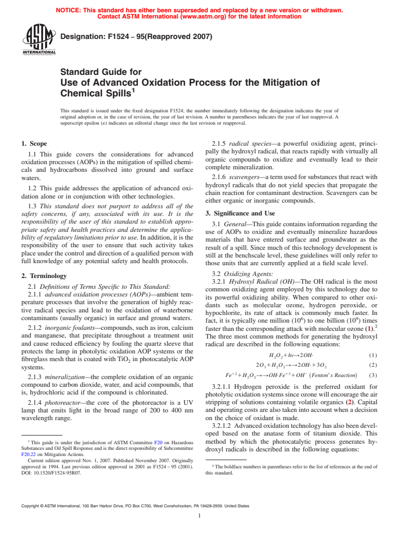 ASTM F1524-95(2007) - Standard Guide for Use of Advanced Oxidation Process for the Mitigation of Chemical Spills