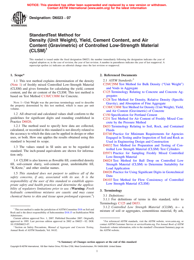 ASTM D6023-07 - Standard Test Method for Density (Unit Weight), Yield, Cement Content, and Air Content (Gravimetric) of Controlled Low-Strength Material (CLSM)