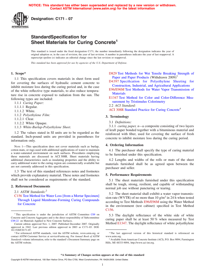 ASTM C171-07 - Standard Specification for Sheet Materials for Curing Concrete