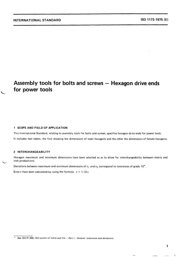 ISO 1173:1975 - Assembly tools for bolts and screws -- Hexagon drive ends for power tools