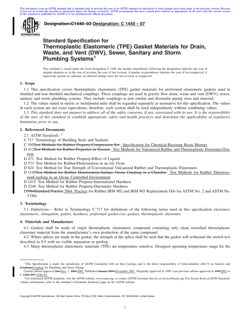 REDLINE ASTM C1440-07 - Standard Specification for Thermoplastic Elastomeric (TPE) Gasket Materials for Drain, Waste, and Vent (DWV), Sewer, Sanitary and Storm Plumbing Systems