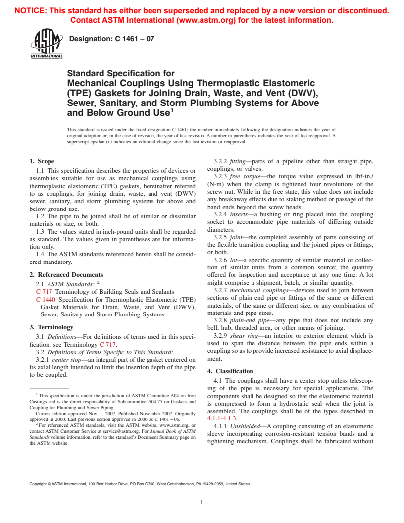 ASTM C1461-07 - Standard Specification for Mechanical Couplings Using Thermoplastic Elastomeric (TPE) Gaskets for Joining Drain, Waste, and Vent (DWV), Sewer, Sanitary, and Storm Plumbing Systems for Above and Below Ground Use