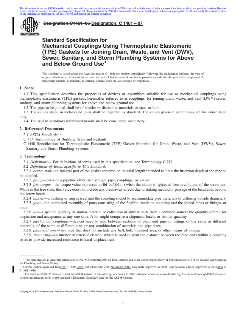 REDLINE ASTM C1461-07 - Standard Specification for Mechanical Couplings Using Thermoplastic Elastomeric (TPE) Gaskets for Joining Drain, Waste, and Vent (DWV), Sewer, Sanitary, and Storm Plumbing Systems for Above and Below Ground Use