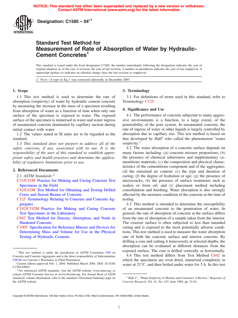 ASTM C1585-04e1 - Standard Test Method for Measurement of Rate of Absorption of Water by Hydraulic-Cement Concretes