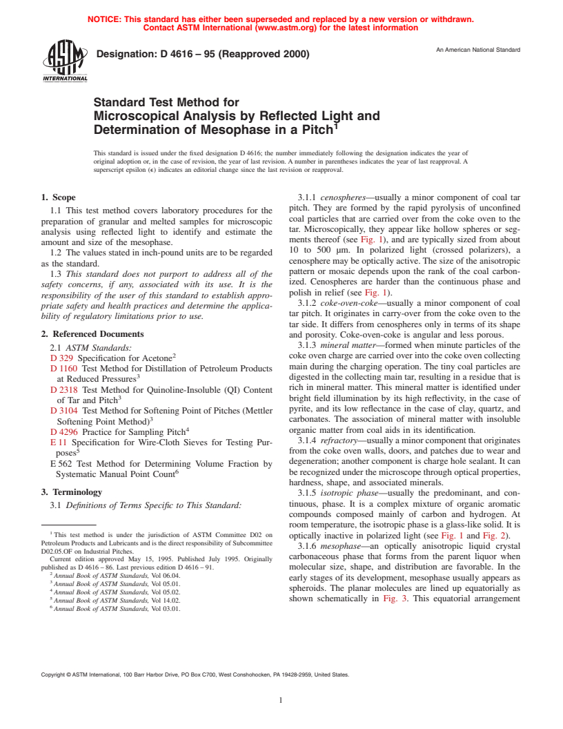 ASTM D4616-95(2000) - Standard Test Method for Microscopical Analysis by Reflected Light and Determination of Mesophase in a Pitch