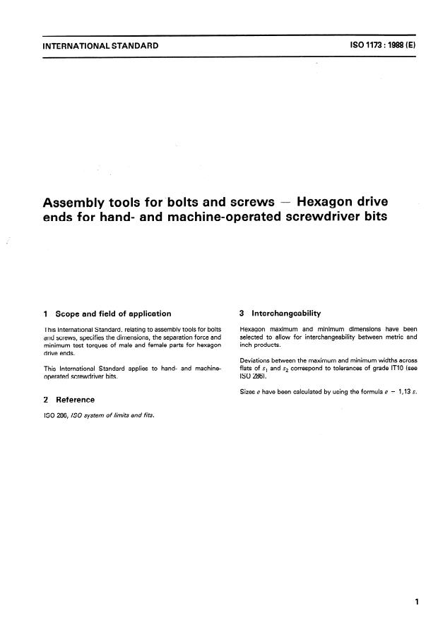 ISO 1173:1988 - Assembly tools for bolts and screws -- Hexagon drive ends for hand- and machine-operated screwdriver bits