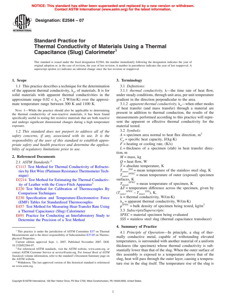 ASTM E2584-07 - Standard Practice for Thermal Conductivity of Materials Using a Thermal Capacitance (Slug) Calorimeter