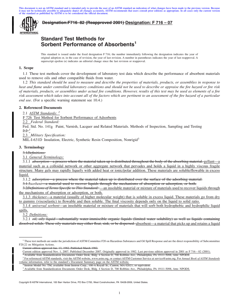 REDLINE ASTM F716-07 - Standard Test Methods for Sorbent Performance of Absorbents