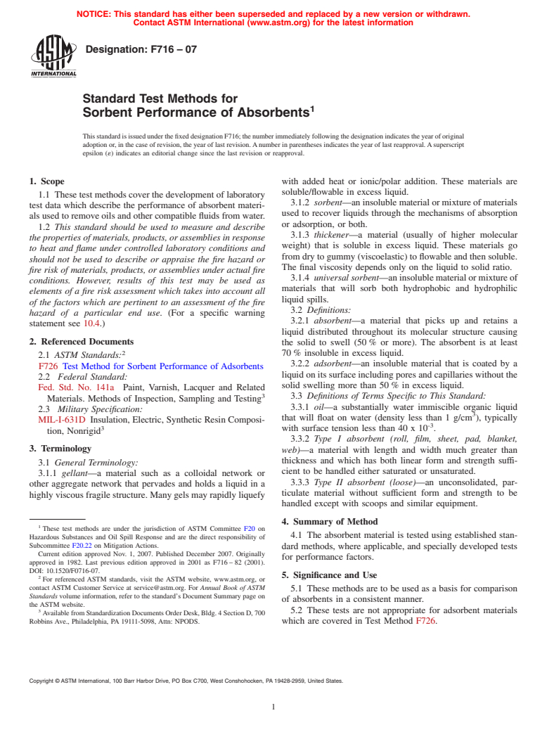 ASTM F716-07 - Standard Test Methods for Sorbent Performance of Absorbents